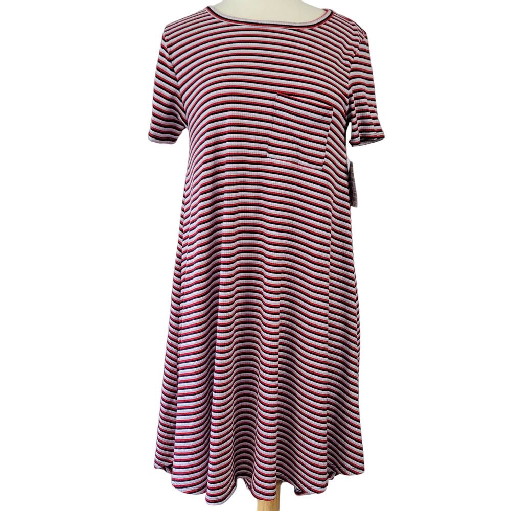 LuLaRoe Carly Red Striped Dress NEW Midi Stretch Short Sleeve Shift Women Size S
